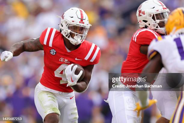 Quinshon Judkins of the Mississippi Rebels runs with the ball during the second half of the game against the LSU Tigers at Tiger Stadium on October...