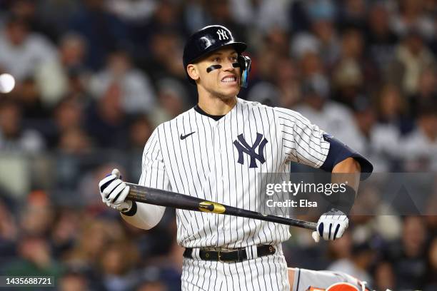 Aaron Judge of the New York Yankees reacts after striking out against the Houston Astros during the sixth inning in game three of the American League...