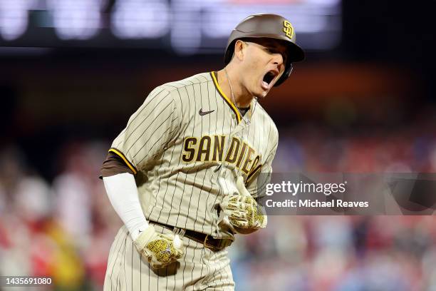 Manny Machado of the San Diego Padres celebrates his solo home run during the first inning against the Philadelphia Phillies in game four of the...