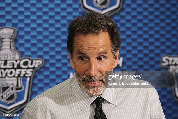 Head coach John Tortorella of the New York Rangers speaks to the media after the Rangers defeated the Ottawa Senators 2 to 1 in Game Seven of the...