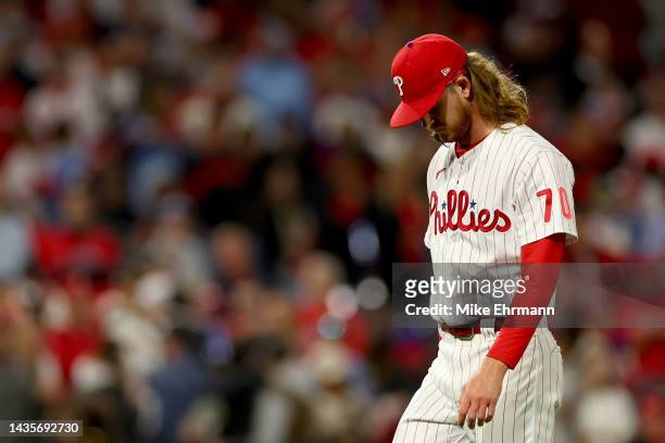 Bailey Falter of the Philadelphia Phillies reacts during the first inning against the San Diego Padres in game four of the National League...