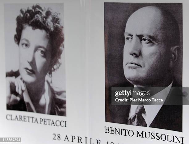 Image reproduced at commemoration ceremony for the death of Italian dictator Benito Mussolini and his mistress, Claretta Petacci in front of a...