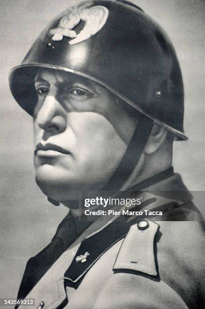 Image reproduced at commemoration ceremony for the death of Italian dictator Benito Mussolini and his mistress, Claretta Petacci in front of a...