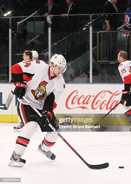 Mark Borowiecki of the Ottawa Senators warms up prior to their game against the New York Rangers in Game Seven of the Eastern Conference...