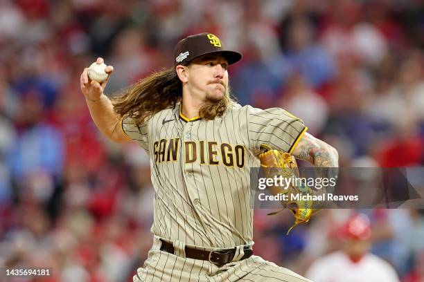 Mike Clevinger of the San Diego Padres pitches during the first inning against the Philadelphia Phillies in game four of the National League...