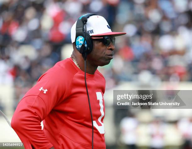 Deion Coach Prime Sander surveys the field of play during the Jackson State Tigers and Campbell Fighting Camels NCAA Division I Football Championship...