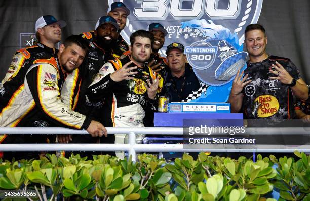 Noah Gragson, driver of the Bass Pro Shops/TrueTimber/BRCC Chevrolet, and crew celebrate in victory lane after winning the NASCAR Xfinity Series...