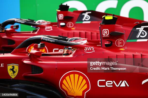 Pole position qualifier Carlos Sainz of Spain and Ferrari stops in parc ferme during qualifying ahead of the F1 Grand Prix of USA at Circuit of The...