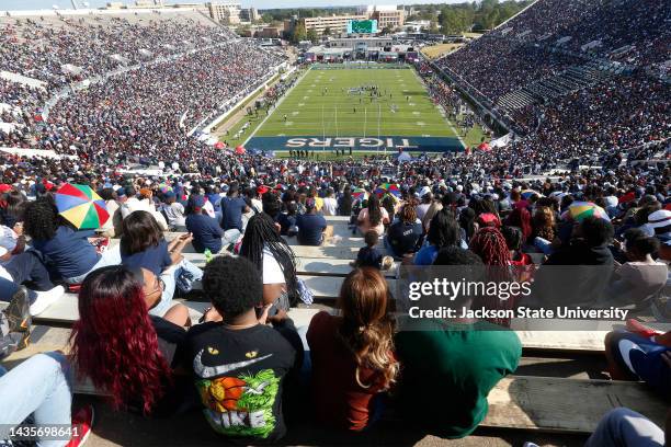 An elevated general view of spectators and field od play during the Jackson State Tigers and Campbell Fighting Camels NCAA Division I Football...