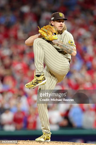 Mike Clevinger of the San Diego Padres pitches during the first inning against the Philadelphia Phillies in game four of the National League...