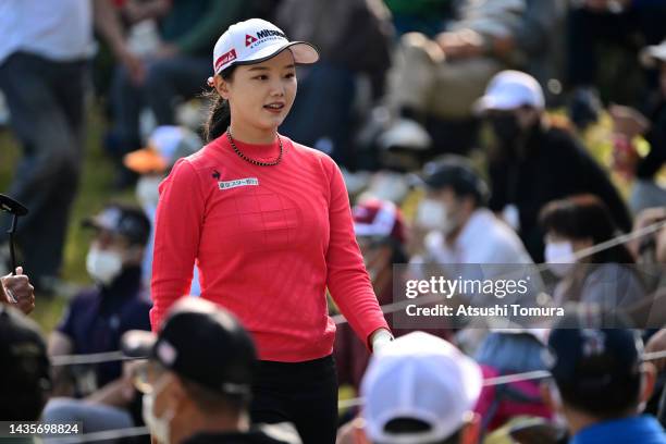 Yuting Seki of China celebrates the birdie on the 1st green during the final round of the Nobuta Group Masters GC Ladies at Masters Golf Club on...