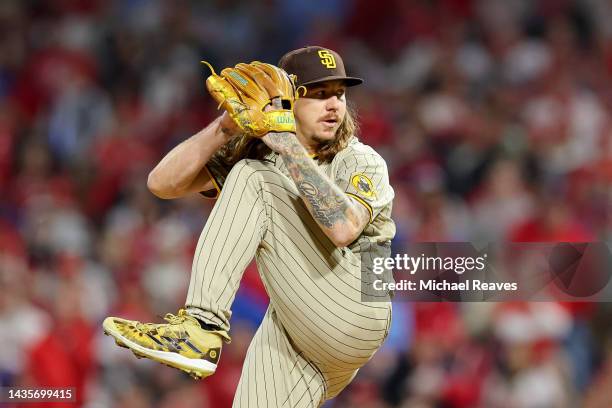 Mike Clevinger of the San Diego Padres pitches during the first inning against the Philadelphia Phillies in game four of the National League...