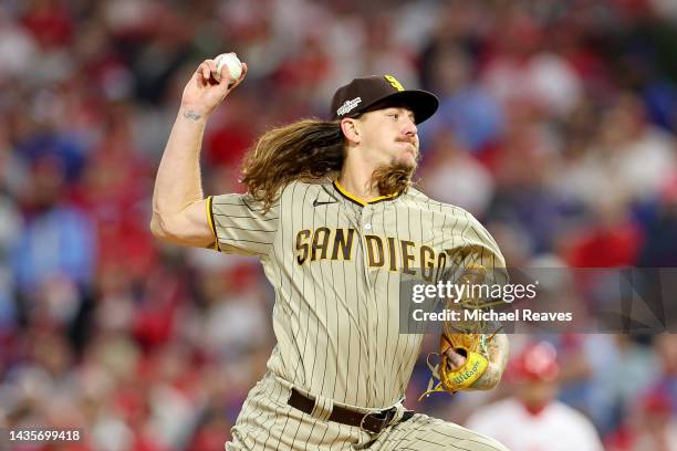 Mike Clevinger of the San Diego Padres pitches during the first inning against the Philadelphia Phillies in game four of the National League...