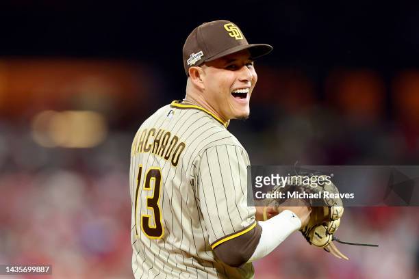 Manny Machado of the San Diego Padres looks on during the first inning against the Philadelphia Phillies in game four of the National League...