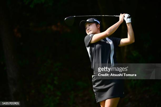Haruka Morita of Japan hits her tee shot on the 2nd hole during the final round of the Nobuta Group Masters GC Ladies at Masters Golf Club on October...