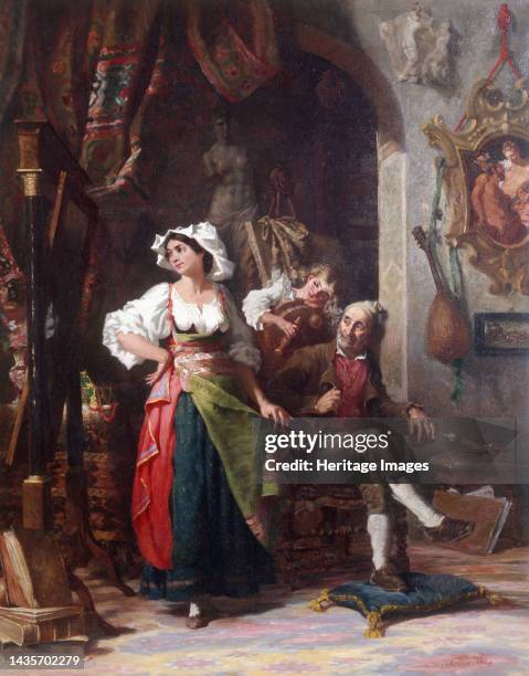 Modèles dans un atelier, pendant l'absence du peintre, 1869. Models in a studio while the painter is out. A young woman in traditional Italian...