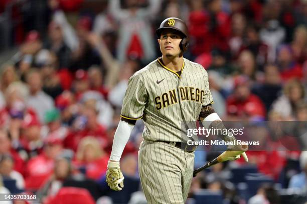 Manny Machado of the San Diego Padres reacts after striking out during the third inning against the Philadelphia Phillies in game four of the...