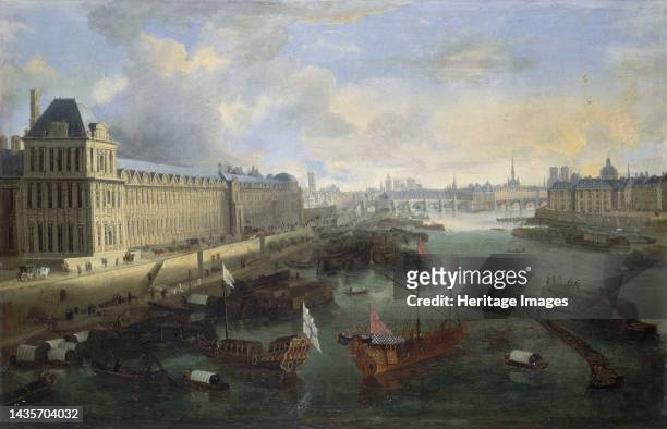 Grande Galerie of the Louvre, Pont-Neuf, the Cité, Collège des Quatres-Nations, around 1670, on the Seine the royal galley, current 1st and 6th...