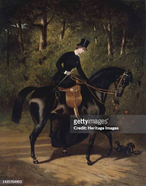 écuyère Kippler sur sa jument noire, circa 1850. Kippler the horsewoman on her black mare. Artist Alfred Dedreux.