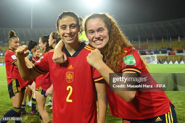 Players of Spain celebrate the win after the FIFA U-17 Women's World Cup 2022 Quarter-final, match between Japan and Spain at Pandit Jawaharlal Nehru...