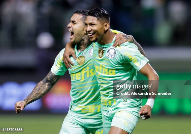 Dudu of Palmeiras celebrates with his team mate Rony after scoring the second goal of their team during a match between Palmeiras and Avai as part of...