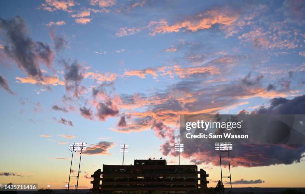 An exterior view shows the press box during the second half of a game between the Fresno State Bulldogs and the New Mexico Lobos at University...