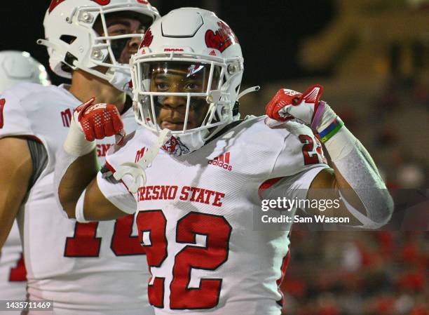 Running back Malik Sherrod of the Fresno State Bulldogs celebrates after scoring a touchdown against the New Mexico Lobos during the second half of...