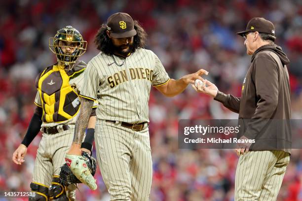 Manager Bob Melvin takes Sean Manaea of the San Diego Padres out of the game during the fifth inning against the Philadelphia Phillies in game four...