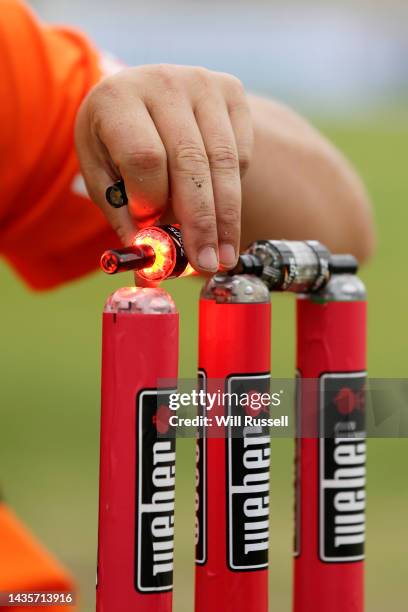 The Zingers bales are teste during the Women's Big Bash League match between the Sydney Thunder and the Melbourne Stars at WACA, on October 23 in...