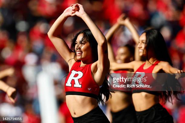 Rutgers Scarlet Knights cheerleaders perform during a college football game against the Indiana Hoosiers at SHI Stadium on October 22, 2022 in...