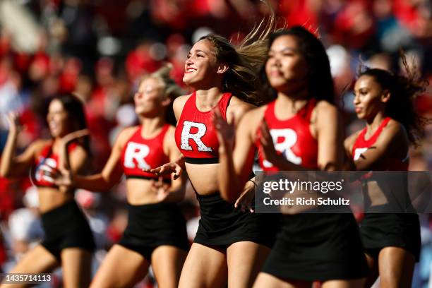 Rutgers Scarlet Knights cheerleaders perform during a college football game against the Indiana Hoosiers at SHI Stadium on October 22, 2022 in...