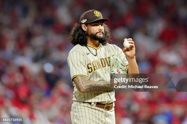 Sean Manaea of the San Diego Padres looks on during the fifth inning against the Philadelphia Phillies in game four of the National League...