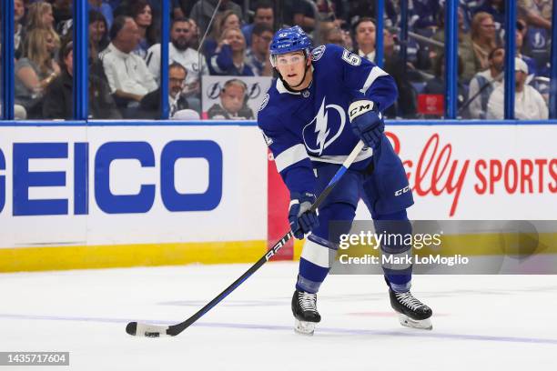 Cal Foote of the Tampa Bay Lightning skates against the Philadelphia Flyers during the first period at Amalie Arena on October 18, 2022 in Tampa,...