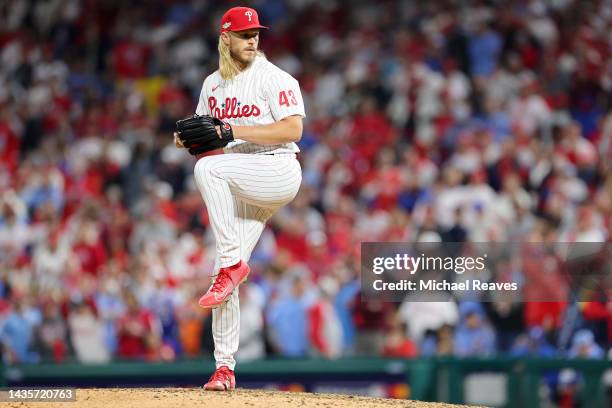 Noah Syndergaard of the Philadelphia Phillies pitches during the sixth inning against the San Diego Padres in game four of the National League...