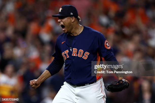 Bryan Abreu of the Houston Astros reacts after striking out Giancarlo Stanton of the New York Yankees during the eighth inning in game two of the...