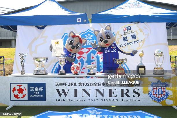 Foret-chan and Vent-kun of Ventforet Kofu pose for photographs prior to the J.LEAGUE Meiji Yasuda J2 42nd Sec. Match between Ventforet Kofu and Iwate...