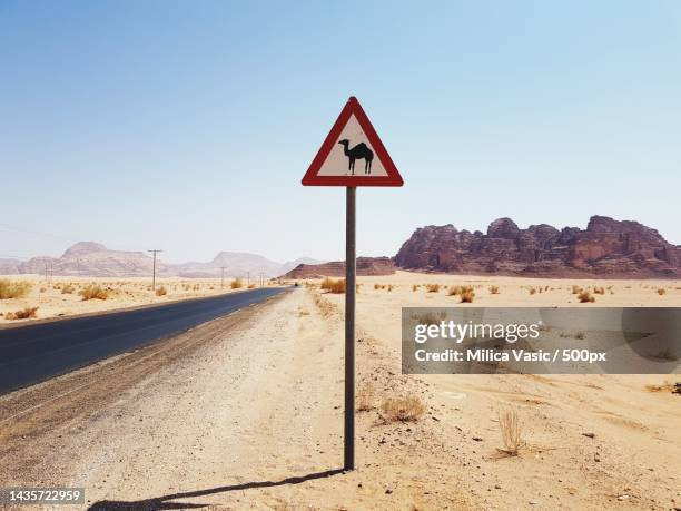 view of road leading towards desert against clear sky with camel crossing warning sign - camel crossing sign stock pictures, royalty-free photos & images