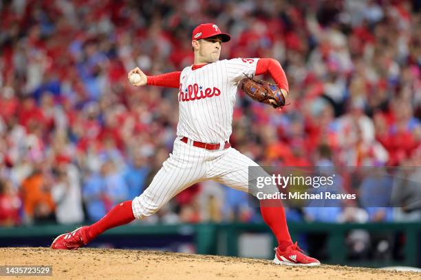 David Robertson of the Philadelphia Phillies pitches during the seventh inning against the San Diego Padres in game four of the National League...