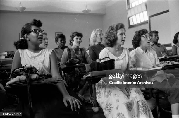 View of students seated in an integrated classroom at Anacostia High School in Washington, DC, 1957.