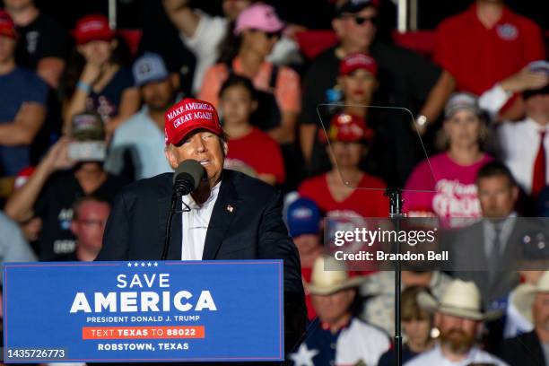 Former U.S President Donald Trump speaks at a 'Save America' rally on October 22, 2022 in Robstown, Texas. The former president, alongside other...