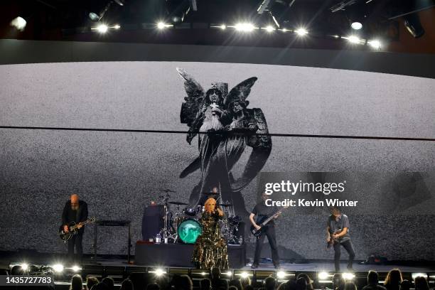 Steve Marker, Shirley Manson, Butch Vig and Duke Erikson of Garbage perform onstage during Audacy's 9th annual We Can Survive at Hollywood Bowl on...