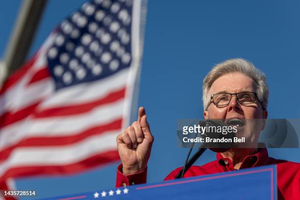 Lieutenant Governor of Texas Dan Patrick speaks at a 'Save America' rally on October 22, 2022 in Robstown, Texas. The former president, alongside...