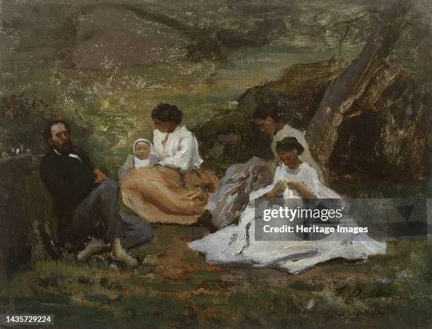 Réunion de famille à Bourron-Marlotte , 1857. Family group sitting at the foot of a large tree in the Fontainebleau forest in Bourron-Marlotte: on...