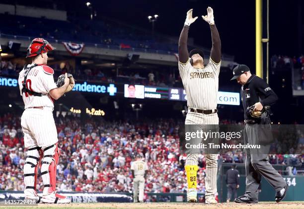 Juan Soto of the San Diego Padres reacts after his two-run home run during the fifth inning against the Philadelphia Phillies in game four of the...