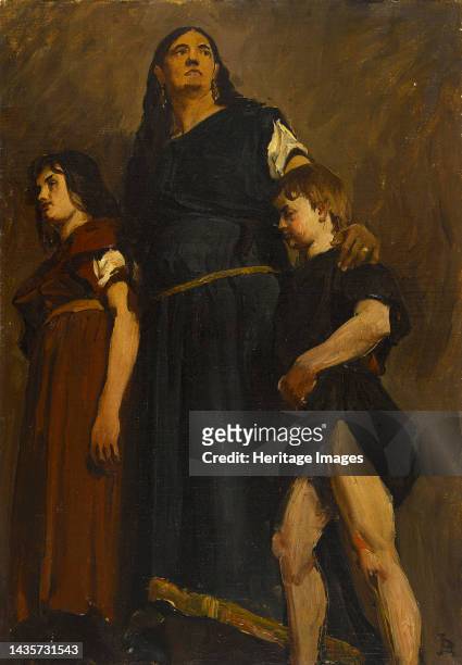 Esquisse de détail pour le Panthéon : Femme mérovingienne et deux enfants, between 19–06–1874 and 1885. Artist Jean-Paul Laurens.
