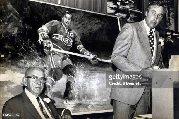 Jean Beliveau, former Montreal Canadiens player, speaks at the 1974 induction ceremonies after a painting of him was unveiled at the Hockey Hall of...