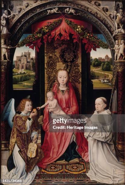 Virgin and Child with angel and donor, after Memling, between 1499 and 1509. Under a canopy, the Virgin holds the child Jesus on her lap. An angel...