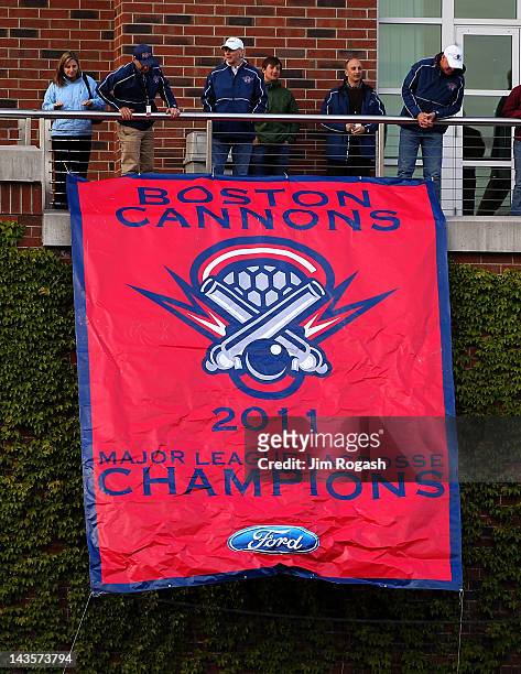 The 2011 Championship Banner is displayed before a game between the Boston Cannons and the Rochester Rattlers at Harvard Stadium April 28, 2012 in...