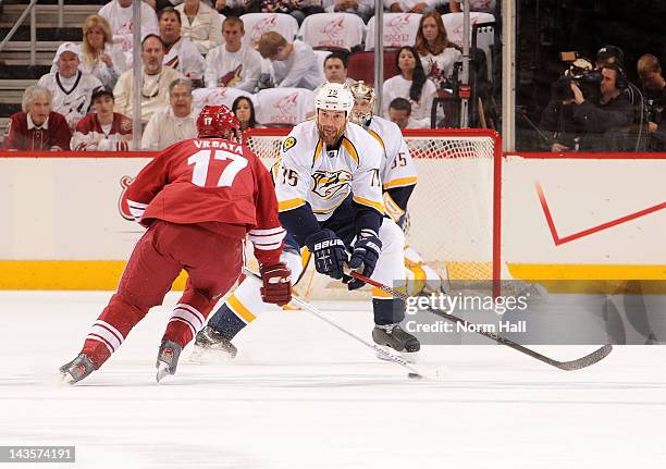 Hal Gill of the Nashville Predators skates back into his own zone while defending Radim Vrbata of the Phoenix Coyotes in Game One of the Western...