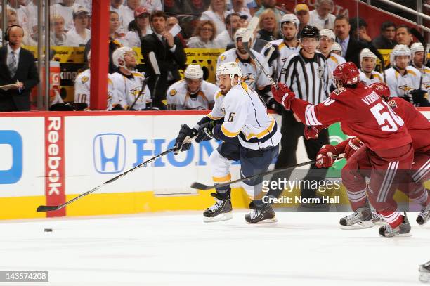 Shea Weber of the Nashville Predators skates with the puck against the Phoenix Coyotes in Game One of the Western Conference Semifinals during the...